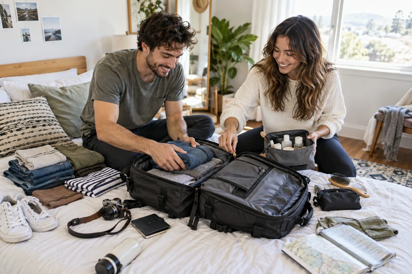 Two friends packing a versatile carry-on backpack for a weekend trip.