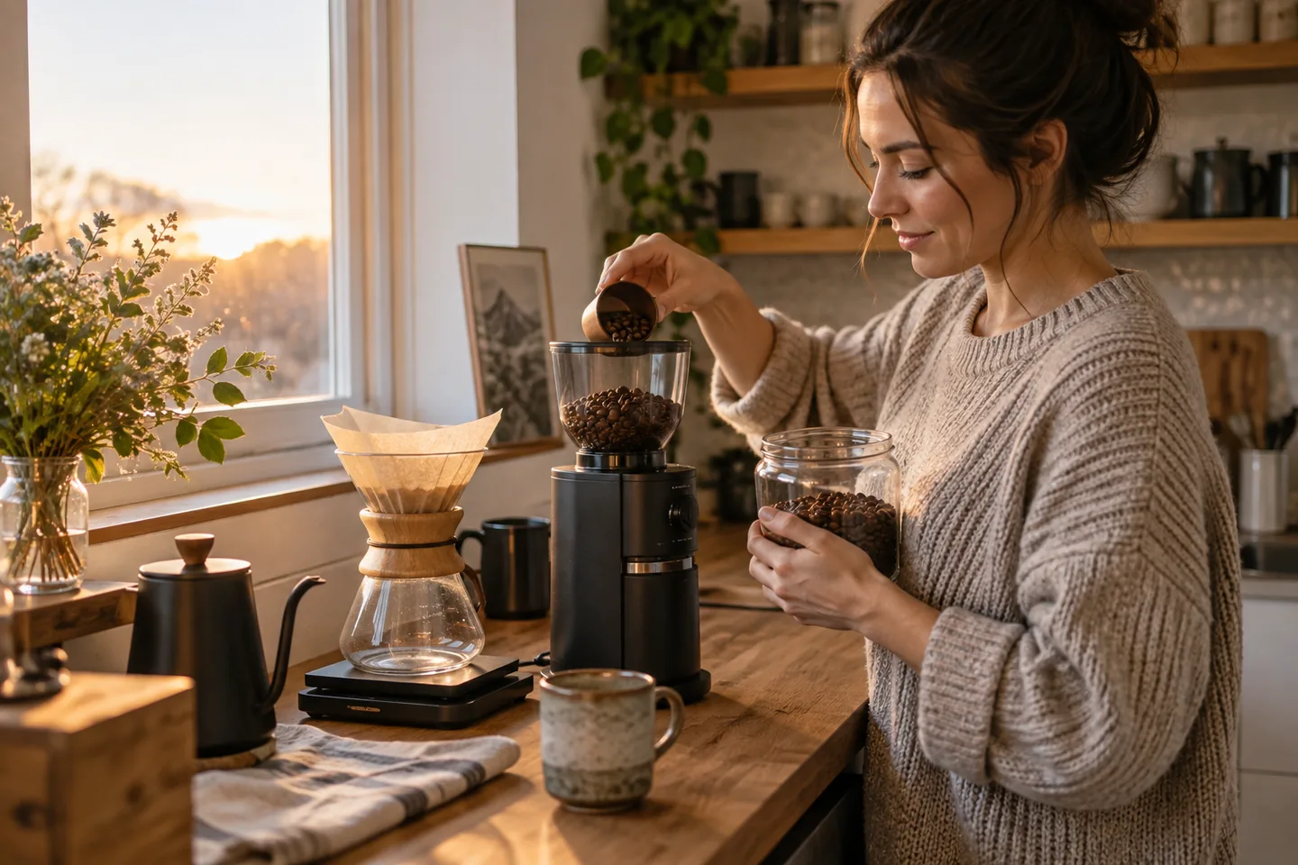 A person grinding coffee beans at a tidy home coffee station in morning light.