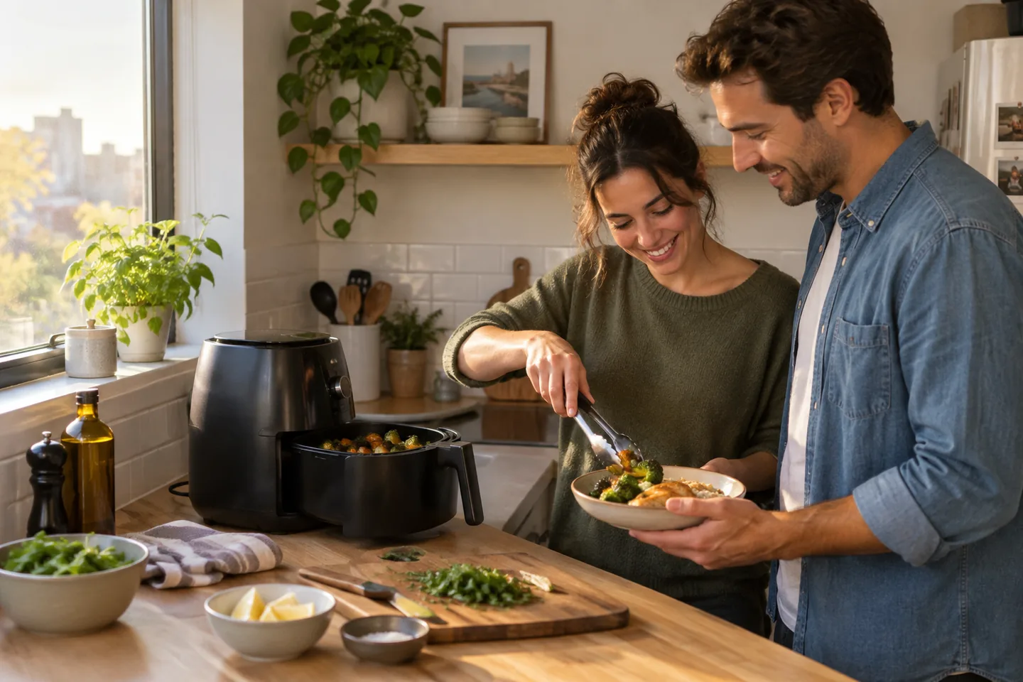 A couple preparing a quick weeknight dinner with a compact air fryer in a small kitchen.