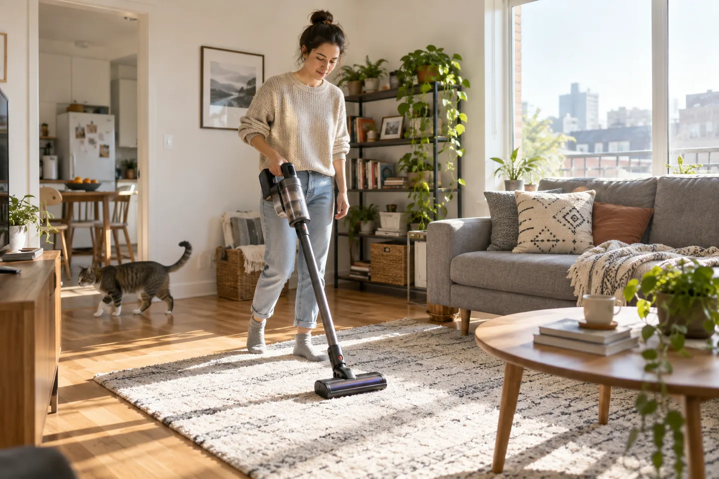 A renter using a cordless stick vacuum in a bright compact apartment living room.