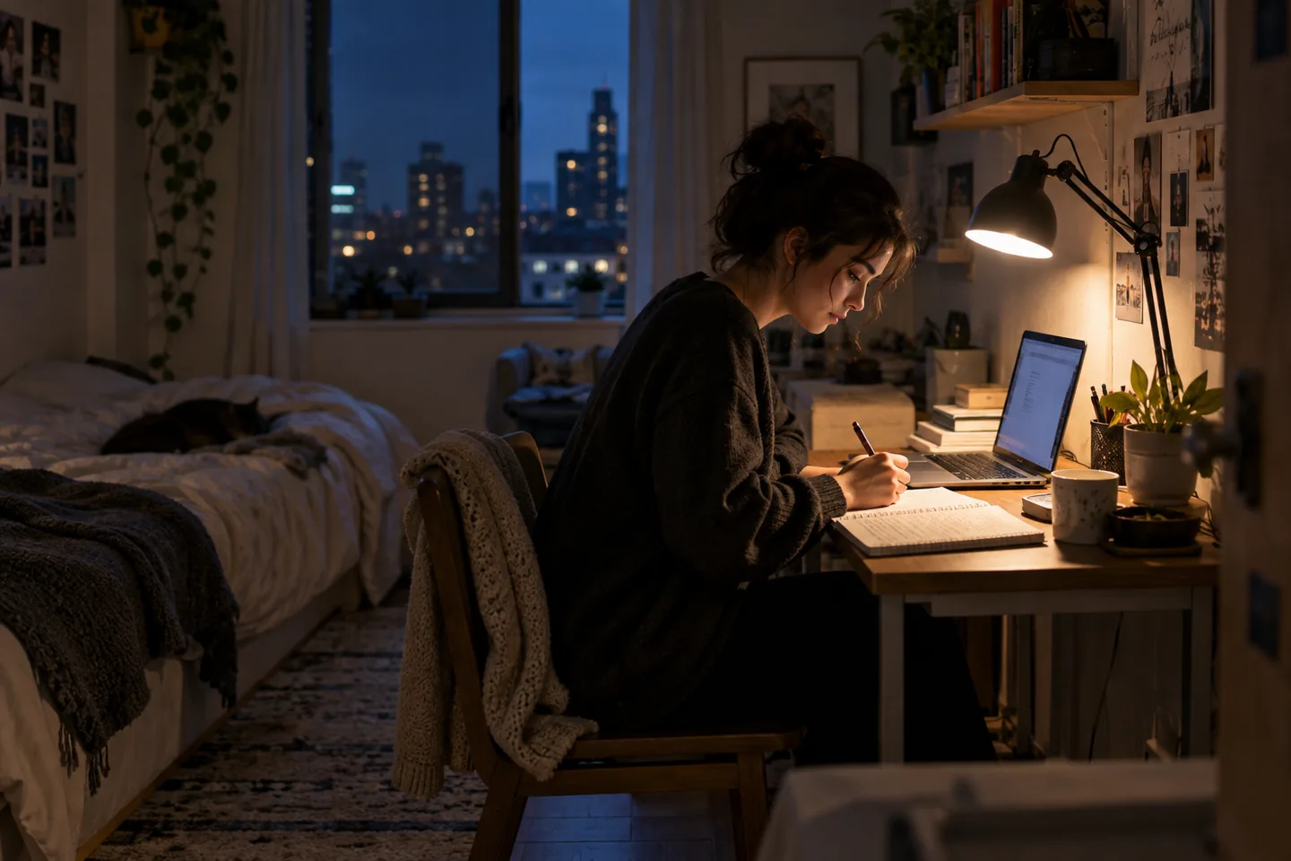 A student working late at a small desk under an adjustable desk lamp.