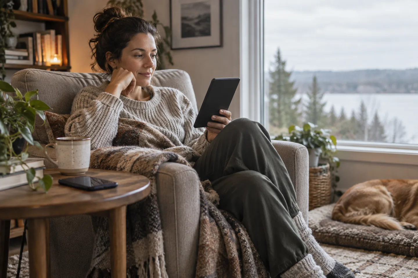 A reader enjoying an e-reader in a quiet armchair by a window.
