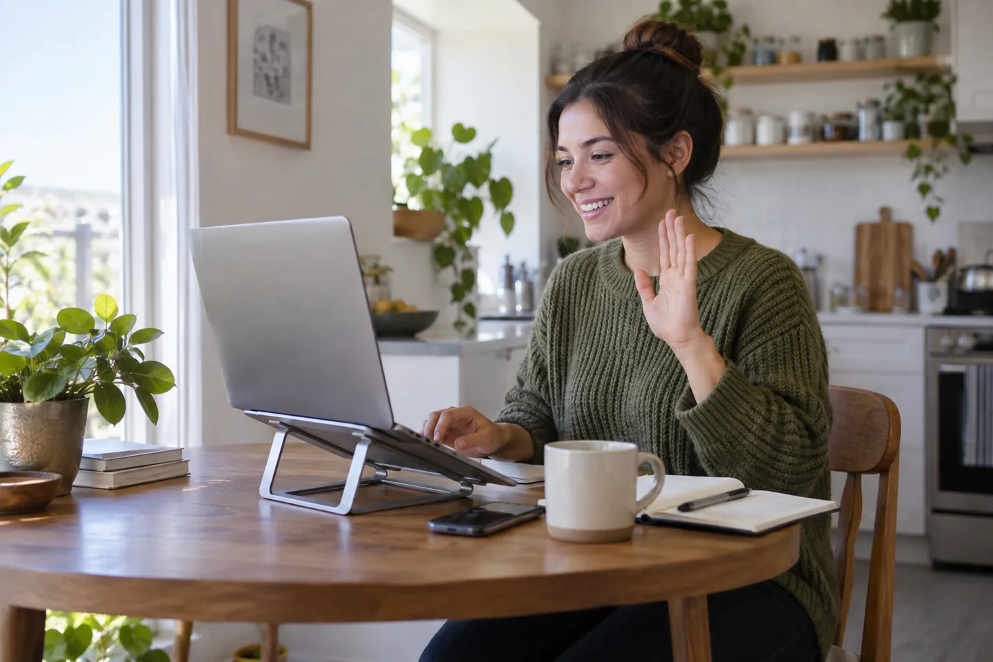 A remote worker using a laptop stand for a video call at a kitchen table.