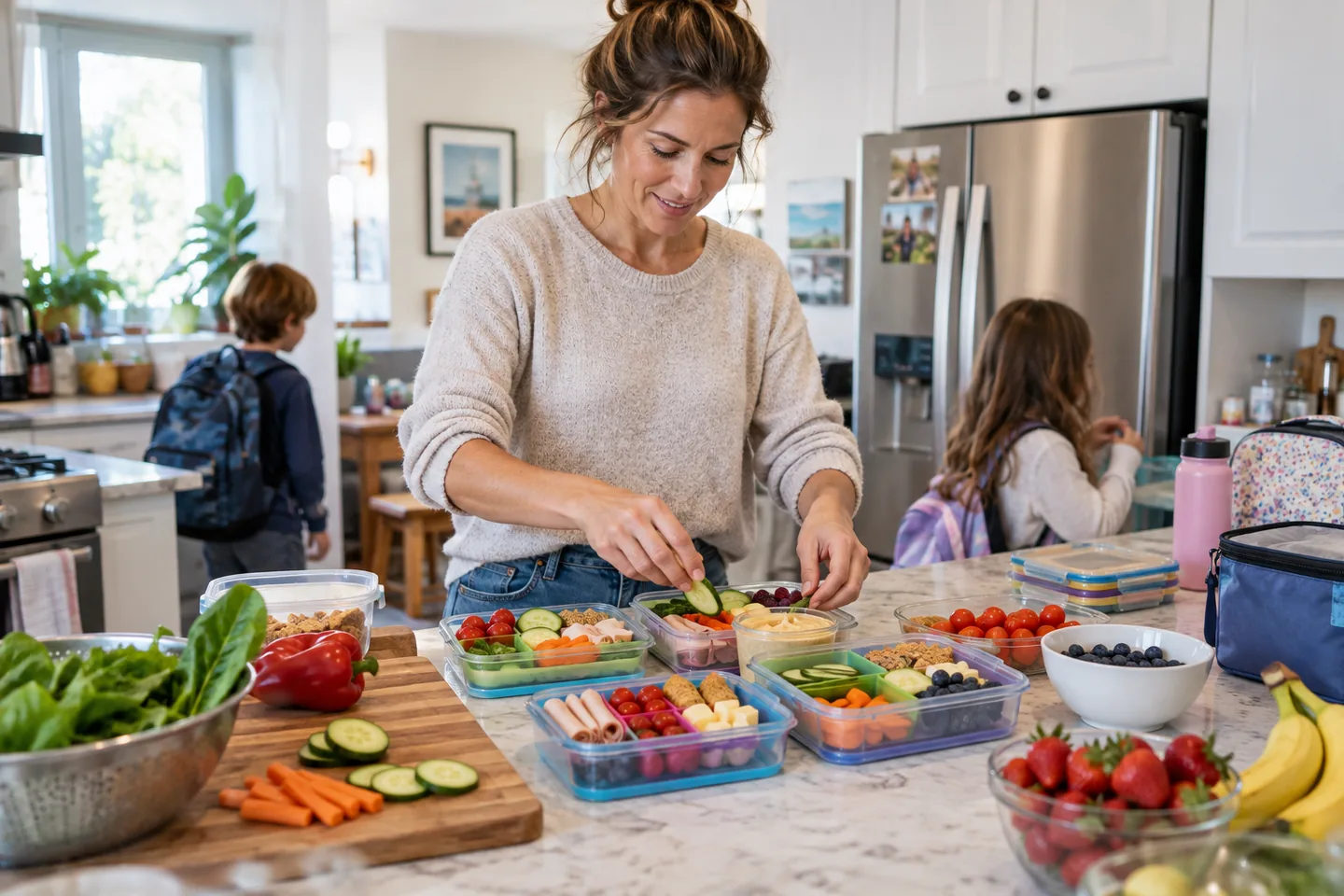 A parent packing weekday lunches into reusable food storage containers.