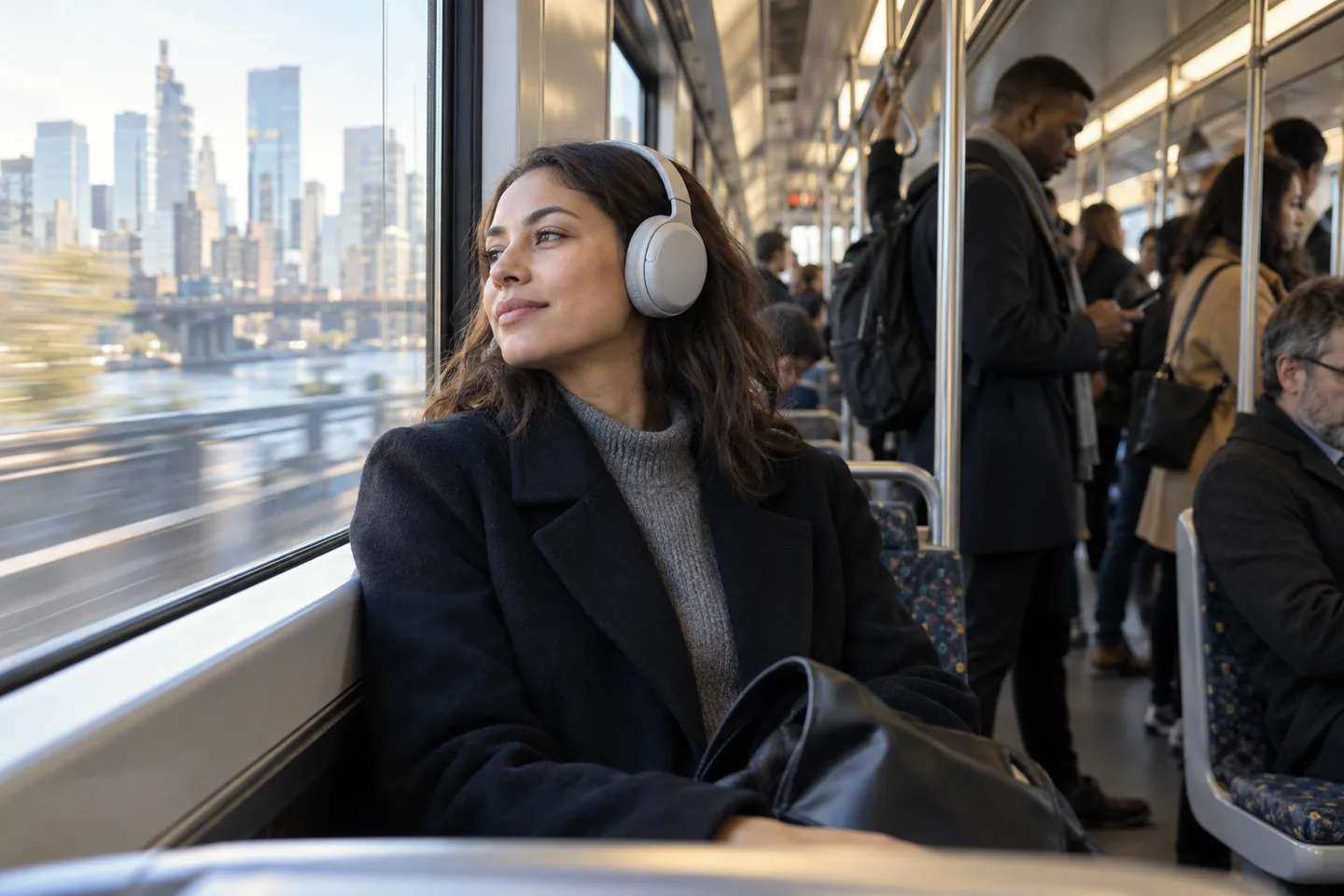 A commuter wearing over-ear noise-canceling headphones on a city train.