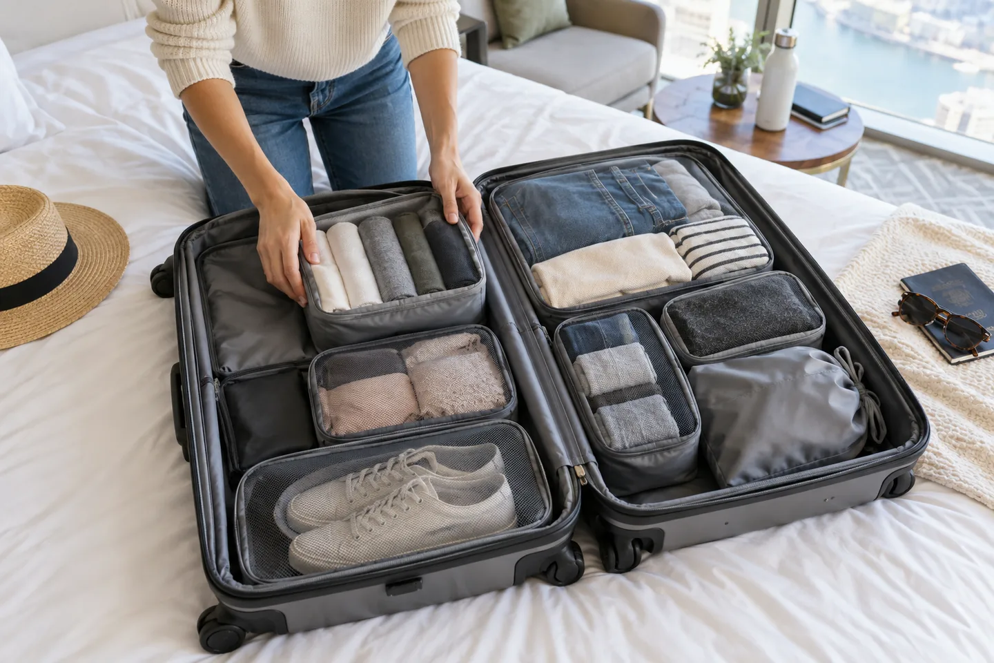 A traveler arranging packing cubes inside an open suitcase on a hotel bed.