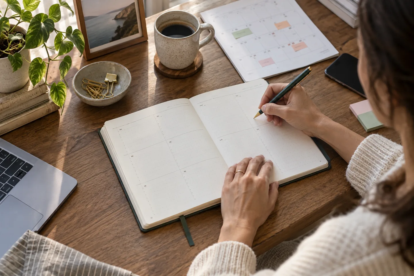 A person planning the week by hand in a bound notebook at a quiet desk.