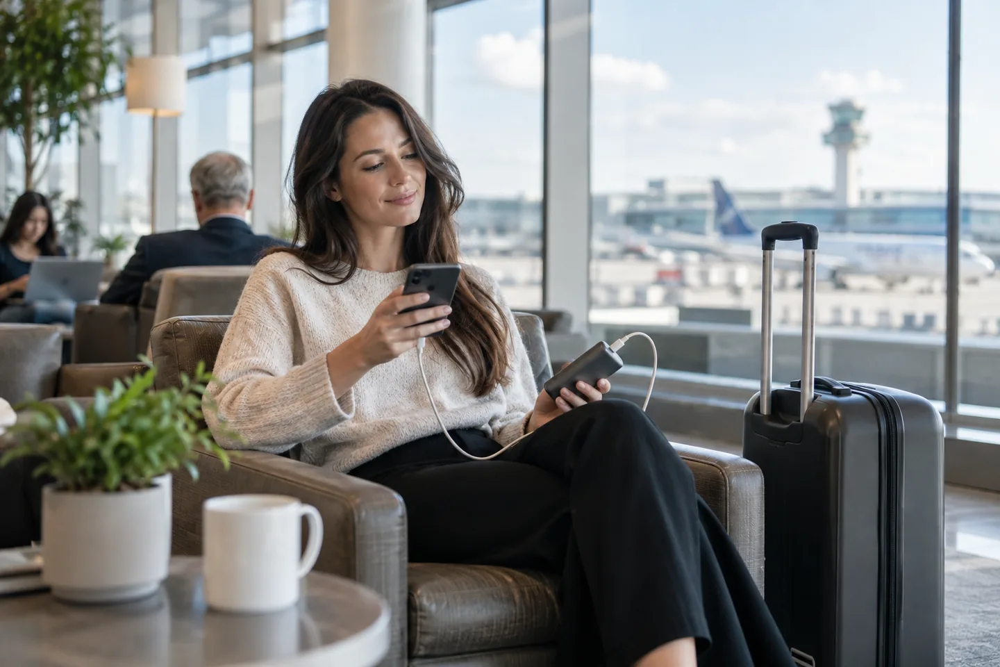 A traveler charging a phone from a compact battery pack in an airport lounge.