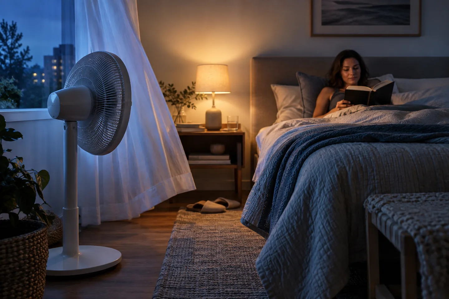A calm bedroom with a person reading and a fan moving the curtain at night.